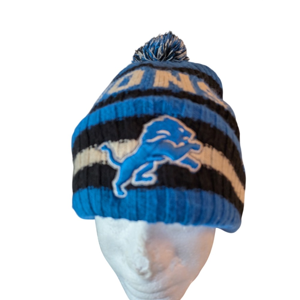 Detroit‎ Lions NFL Knit Beanie Hat Blue Black Striped Pom Cuffed Mens One Size - Picture 2 of 4